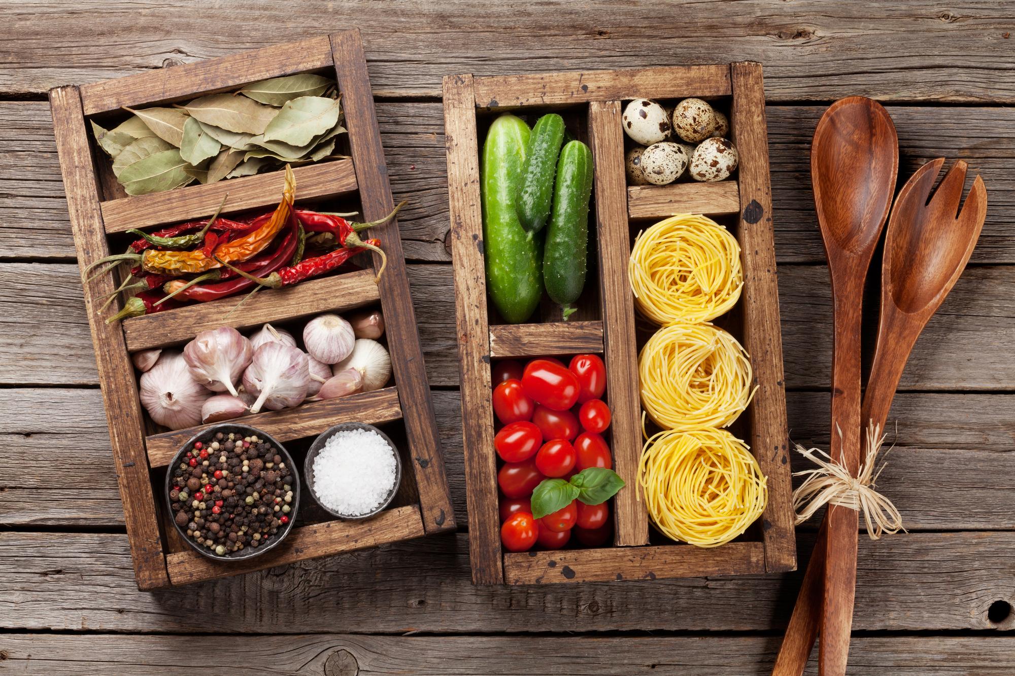 Assorted cooking kit in wooden crate